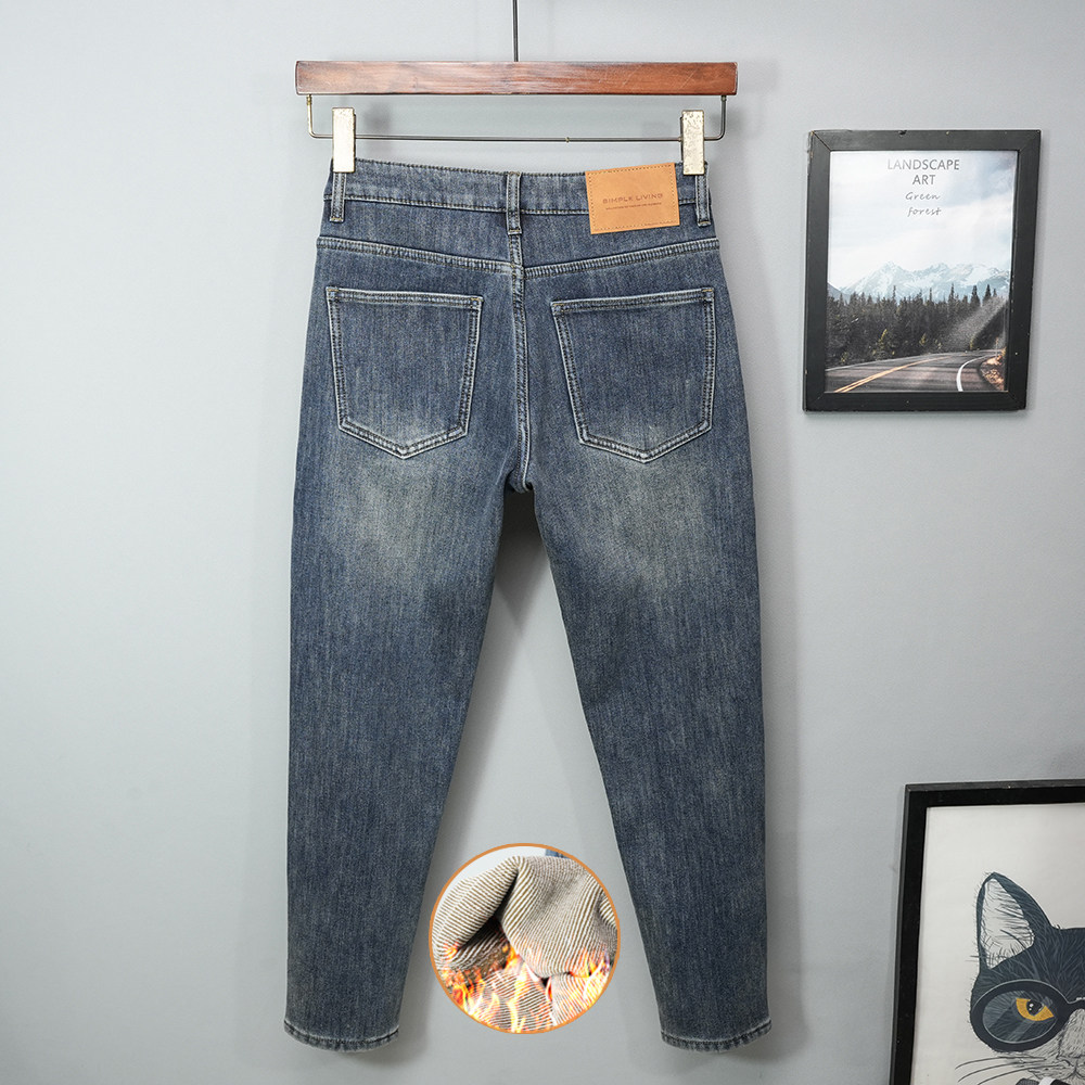 加绒加厚九分牛仔裤男抓绒秋冬季修身小脚薄绒高端弹力2025新款