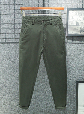 军绿色春秋季纯棉  高端宽松九分休闲裤男锥形小脚小直筒2025新款