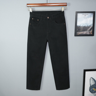 无弹 男宽松直筒黑色加绒休闲纯棉春长裤 全棉高端秋冬季 九分牛仔裤