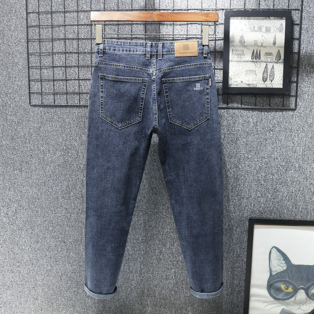 加绒加厚秋季灰蓝色秋冬款九分牛仔裤男士修身直筒弹力休闲新款