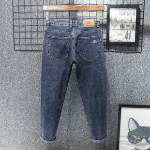 加绒加厚秋季灰蓝色秋冬款九分牛仔裤男士修身直筒弹力休闲新款