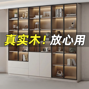 实木书柜书架家用客厅定制玻璃门手办储物柜轻奢落地酒柜展示柜子