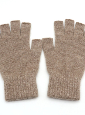 加厚100%纯山羊绒半指手套男女同款秋冬保暖毛线针织分指手套露指