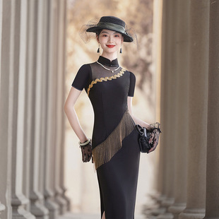 原创高端流苏改良款走秀旗袍加长款大气表演出服显瘦黑色晚会礼服
