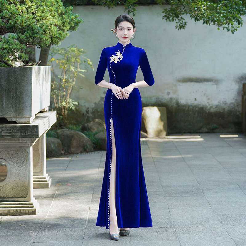 优雅长款旗袍鱼尾2026春装款女改良中国风丝绒绣花礼服修身连衣裙,女装/女士精品,旗袍,淘宝优惠券,粉丝福利购,淘宝优惠卷