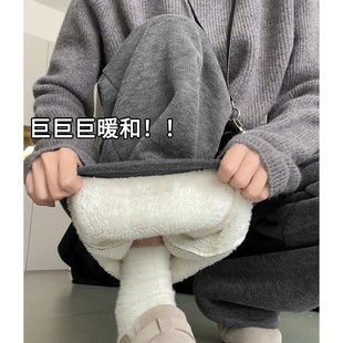 子 高腰休闲小个子直筒阔腿裤 灰色羊羔绒糯米裤 女秋冬加绒2024新款