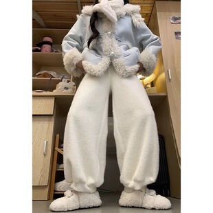 白色加绒卫裤女秋冬高腰显瘦哈伦加绒运动裤小个子慵懒绒绒灯笼裤