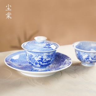 景德镇手绘满绘压手杯 尘棠青花高端月下雪景山水盖碗主人杯套组