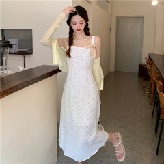 Two piece real price knitted sun proof cardigan + floral slim suspender dress