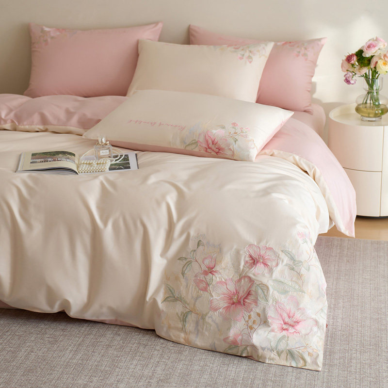 田园花卉100S全棉刺绣四件套长绒棉轻奢简约被套床单全棉床上用品