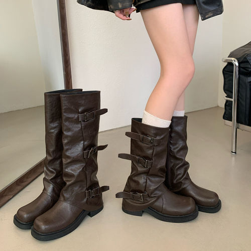 速鼎-西部牛仔堆堆靴骑士靴早秋马丁靴法式裤管女靴子长靴E300-A