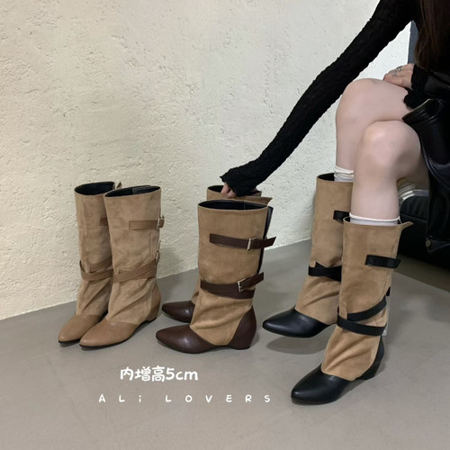 阿里情人-高拼接色堆堆靴复古绒面尖头气质靴辣妹穿搭长靴F84-77