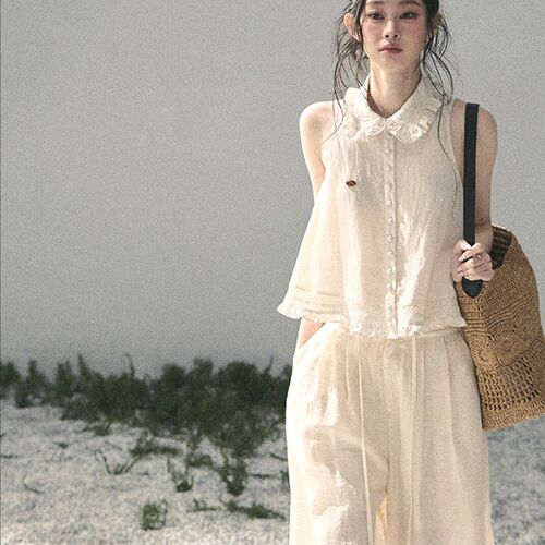 花花家-柔软的云法式绝美夏季纯色翻领无袖上衣+气质百搭显瘦7748