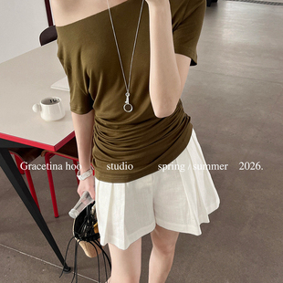 夏上新67天丝28羊毛法式 斜肩抽褶通勤百搭松TB4110 HOO GRACETINA