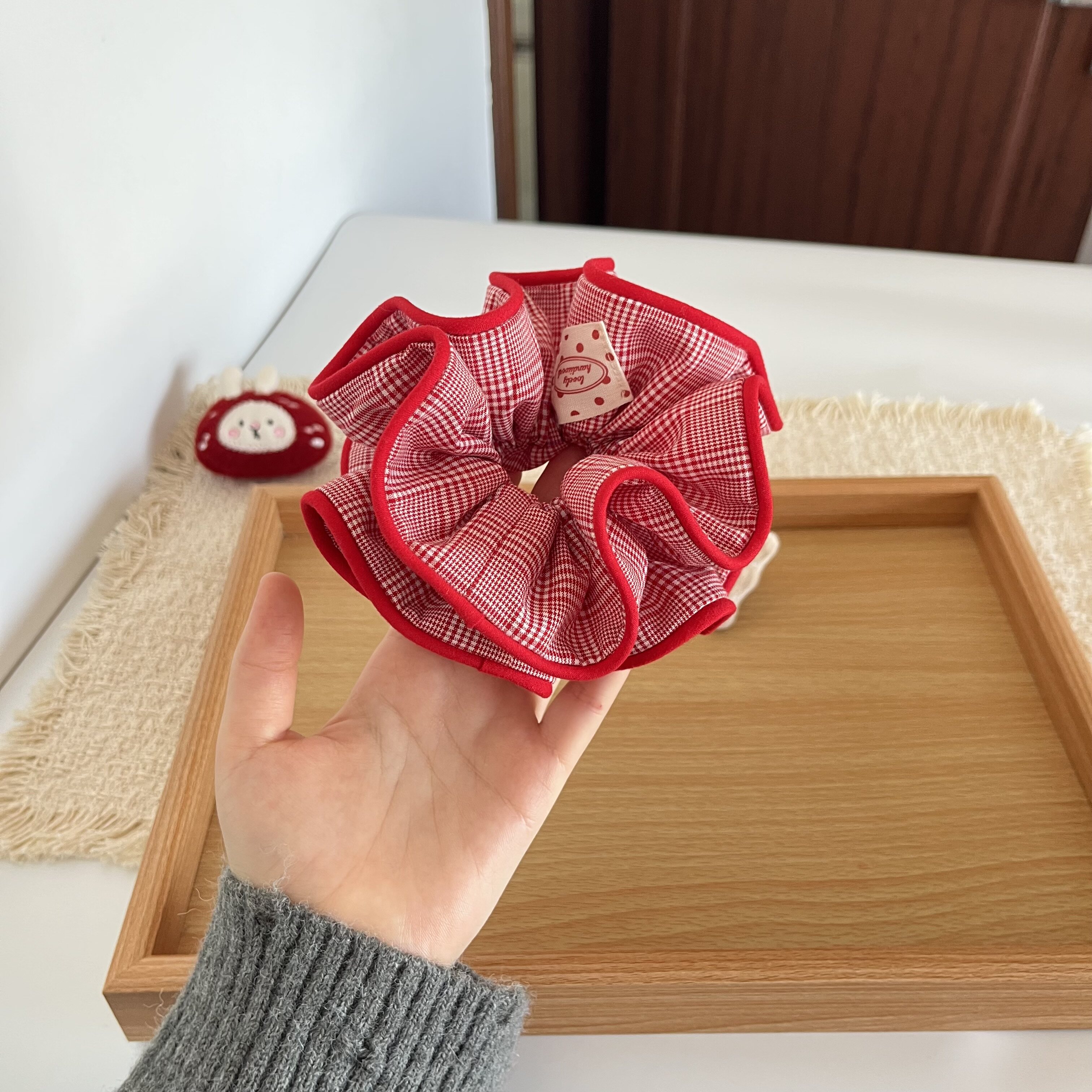 复古红格子双层大肠发圈新年头绳