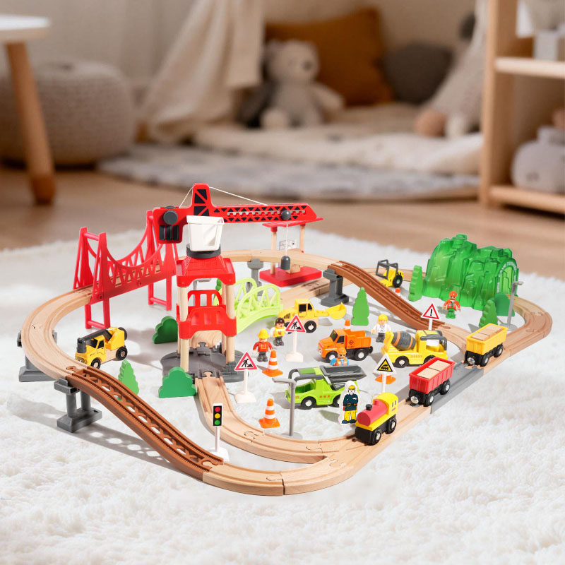 儿童木质轨道积木玩具工地场景城市交通仿真火车套装益智拼装玩具