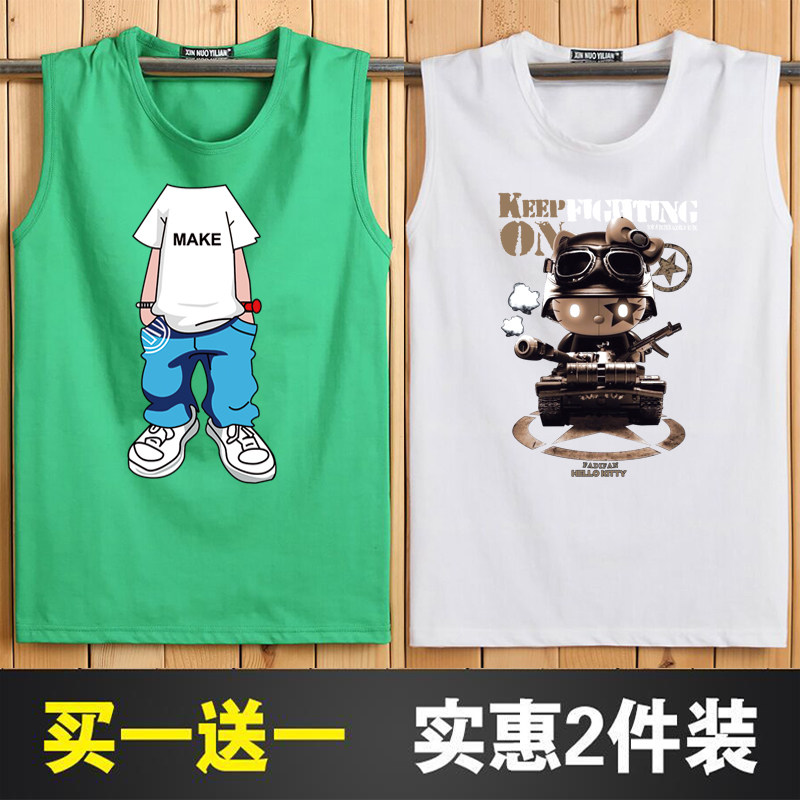 2-PIECE COTTON VEST MENS SLEEVELESS T-SHIRT LOOSE CREW NECK FAT PLUS SIZE SPORTS CUT SLEEVES BREATHABLE SWEAT WICKED SHOULDERS