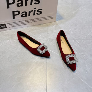 奢华水钻方扣红色尖头浅口单鞋女平底名媛风气质鞋丝绒酒红色婚鞋