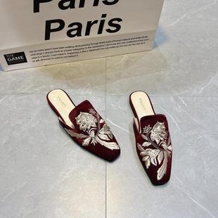 百搭外穿绸缎气质汉服平底穆勒鞋 复古刺绣包头拖鞋 女2025春夏新款