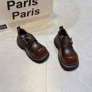 懒人乐福鞋 真皮厚底大头娃娃鞋 女复古英伦风皮带扣增高休闲小皮鞋