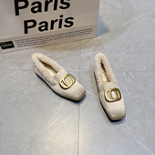 加绒毛毛鞋 方扣平底大码 女2025冬季 法式 新款 复古方头保暖棉鞋 单鞋