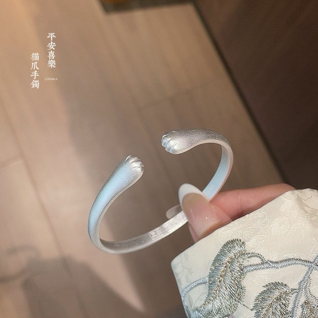 胜银&middot;古法猫爪手镯平安喜乐实心开口足银999.9可爱风送女生礼物