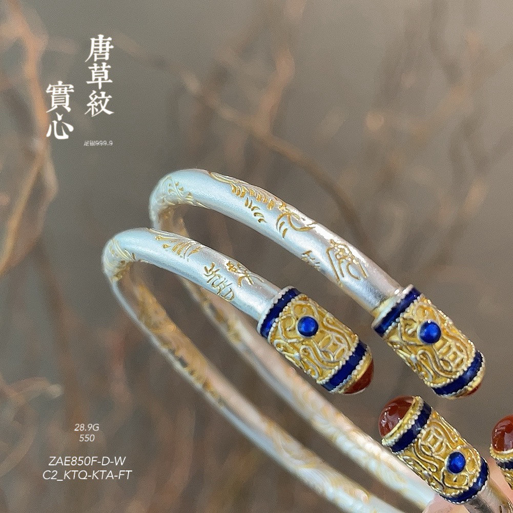 胜银足银999.9描金唐草圆棍手镯