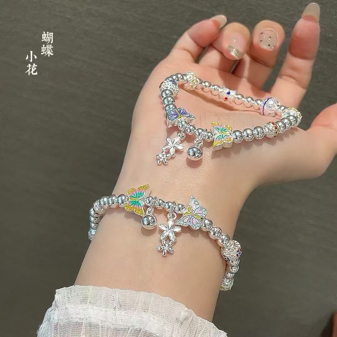 胜银国风珐琅彩蝴蝶手链足银999