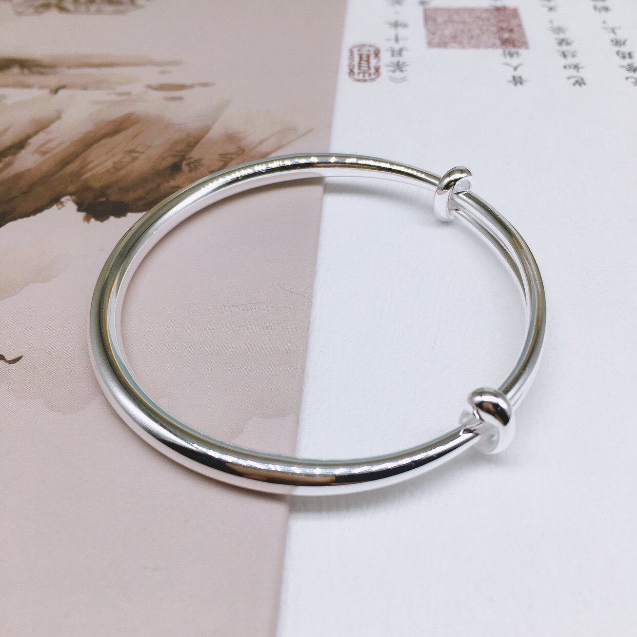 胜银·圆棍实心光面推拉口足银999手镯亮面百搭简约送礼纯银手镯