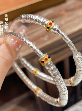 胜银描金珐琅锤纹手镯足银999.9