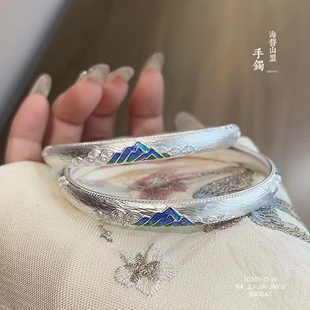 胜银·山盟海誓珐琅经典足银999手镯开口实心内卜情侣纯银手镯