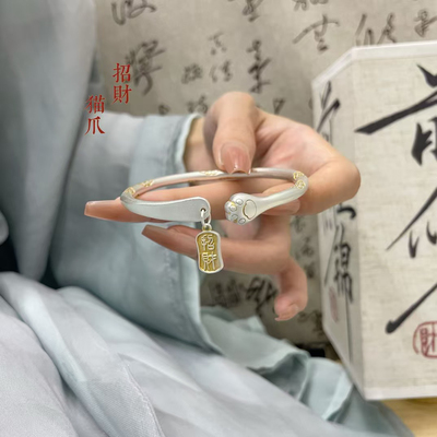 胜银·猫爪镯描金古法实心足银999.9手镯招财纳福吊坠送女生礼物