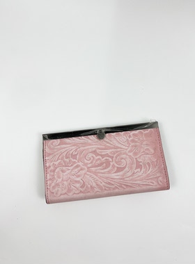 外单尾货微瑕 美式复古风真皮压花精致长款口金钱包卡包