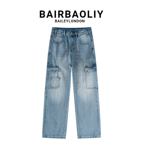 BAIRBAOLIY潮奢工装多口袋高街潮流时尚设计感男士直筒牛仔裤长裤