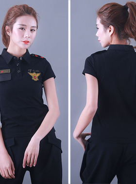 夏季水兵舞蹈服装迷彩服女 胸前红五角星翻领军绿短袖T恤黑色大码