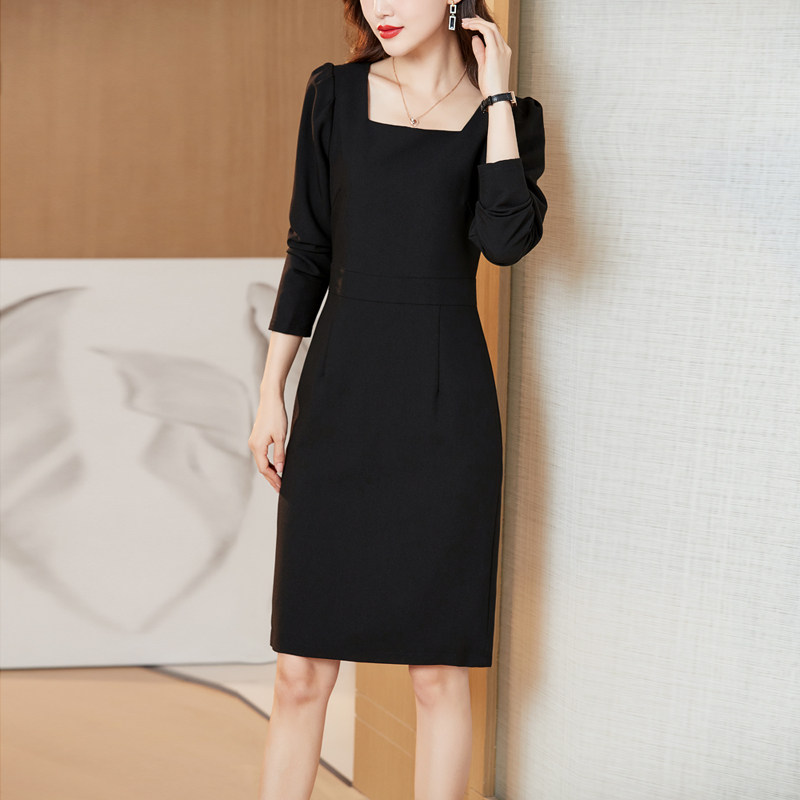 断码清仓 气质显瘦方领长袖连衣裙2023春秋黑色修身包臀中长裙