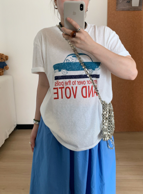 Omang桃喜 韩系复古白色短袖印花T恤女夏季宽松休闲百搭半袖体恤