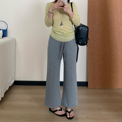 Omang桃喜 小个子垂顺舒适凉感微喇叭裤女夏卫裤松紧腰百搭九分裤