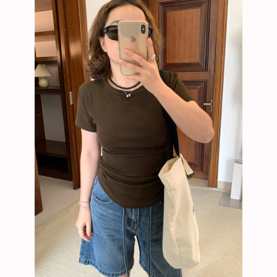 Omang桃喜高弹螺纹正肩短袖T恤女夏季修身显瘦小圆领半袖体恤上衣
