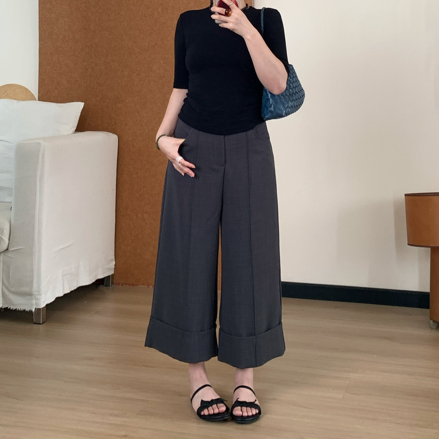 Omang桃喜 小个子高级感八分休闲西装裤女春夏宽松翻边阔腿九分裤