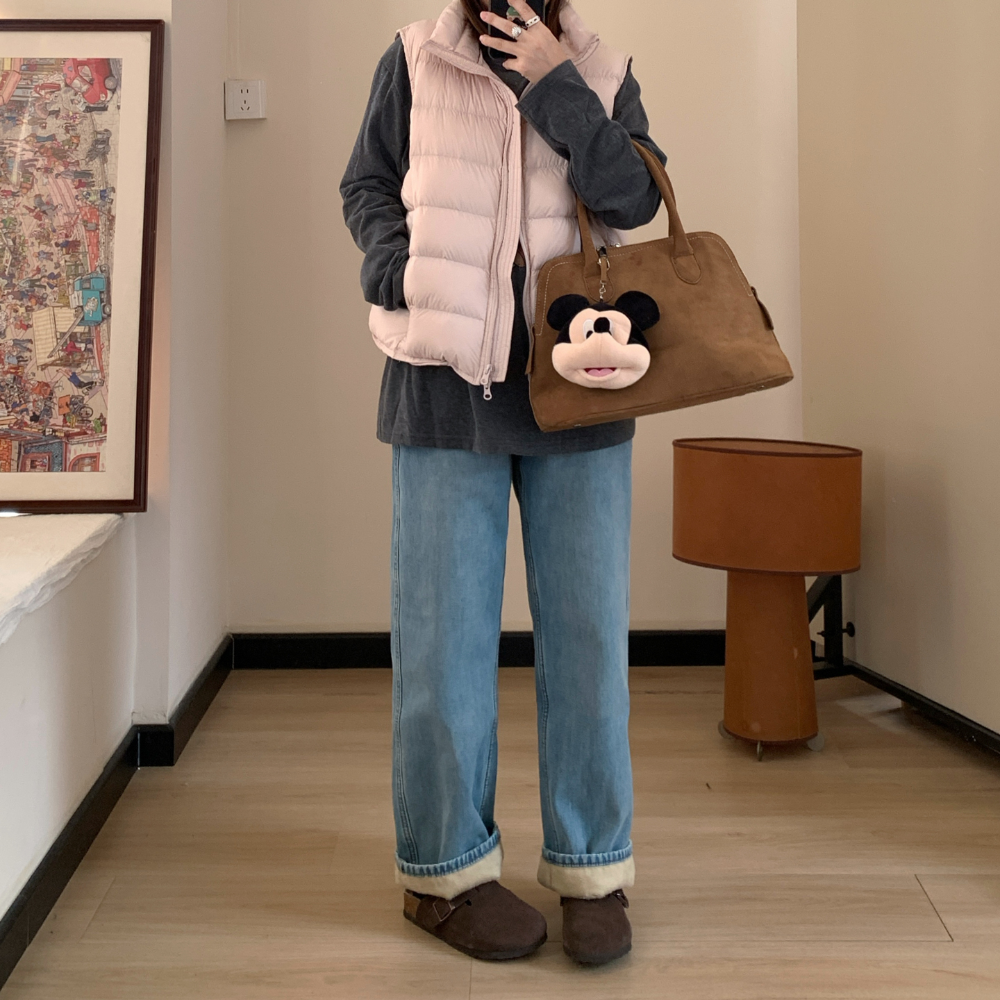 Omang桃喜 浅蓝色加绒窄版直筒牛仔裤女冬季新款高腰浅色百搭长裤