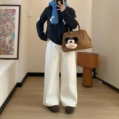 Omang桃喜 韩系白色直筒牛仔裤女春季高腰chic百搭高级感阔腿长裤