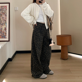 女春秋街头潮酷辣妹宽松阔腿裤 复古豹纹弯刀牛仔裤 美式 Omang桃喜