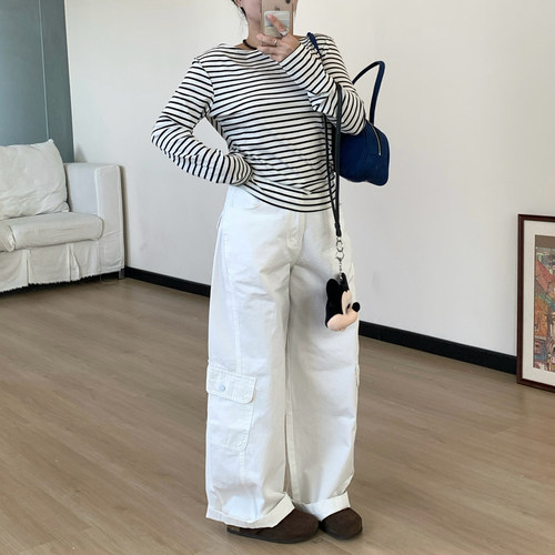 Omang桃喜 韩系复古白色弯刀工装裤女秋季高腰宽松设计感休闲长裤