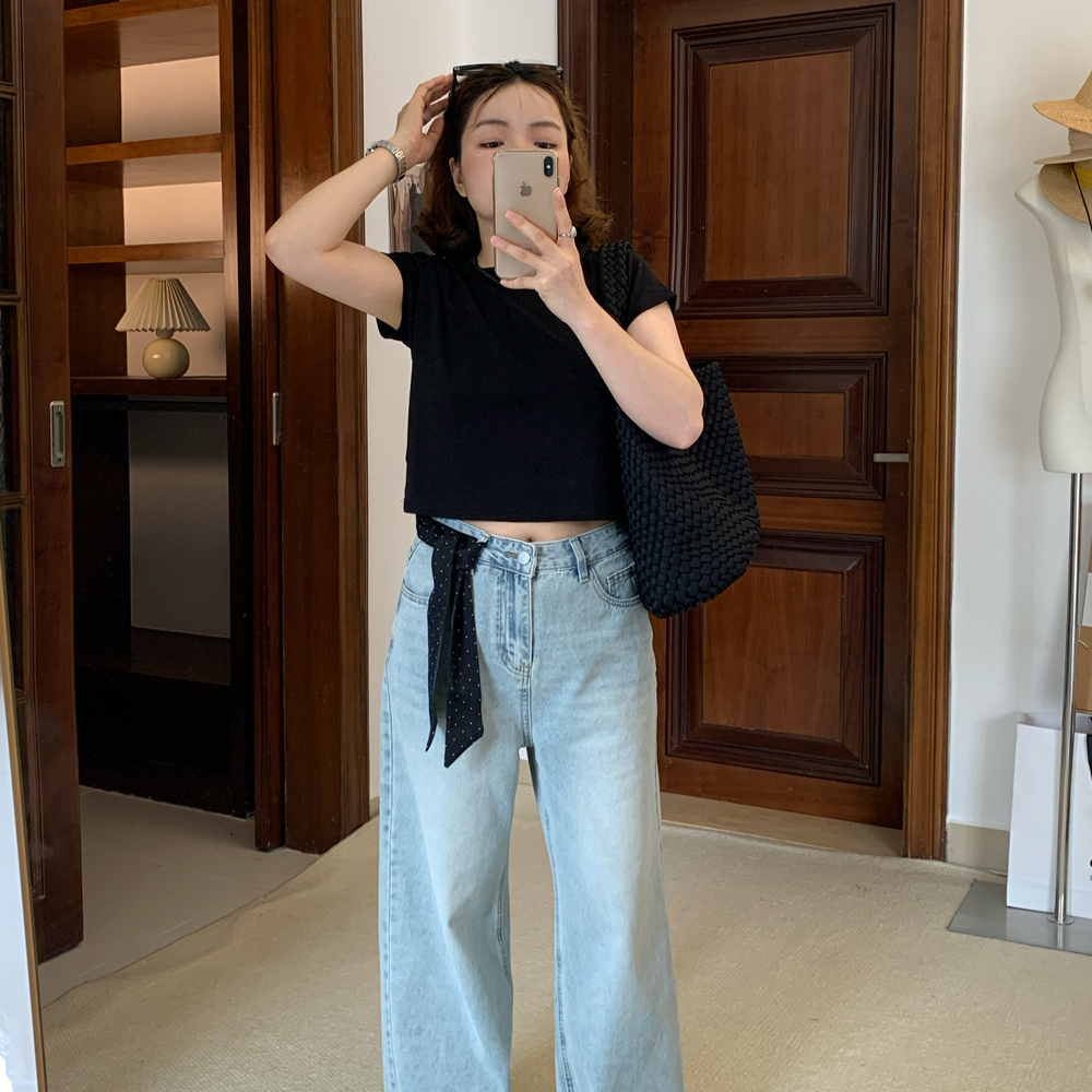 Omang桃喜 短款正肩短袖T恤女夏季纯色百搭修身显瘦半袖圆领上衣