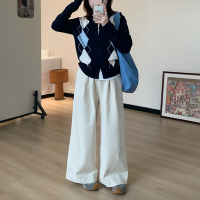 Omang桃喜 小个子松紧腰阔腿休闲裤女秋季杏色百搭宽松直筒长裤