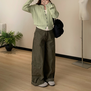 美式 高腰廓形宽松休闲阔腿长裤 复古军绿色工装 女春季 裤 Omang桃喜