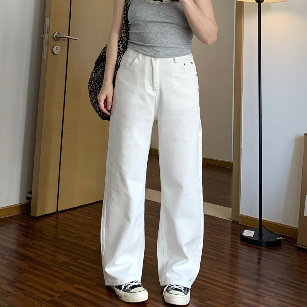 Omang桃喜 韩系白色直筒牛仔裤女秋季高腰宽松显瘦chic小个子长裤