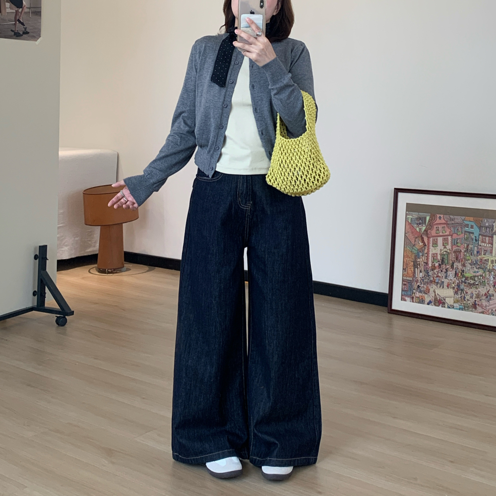 Omang桃喜 深蓝原色阔腿牛仔裤女秋冬加绒高腰宽松百搭慵懒拖地裤