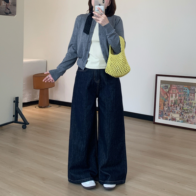 Omang桃喜 深蓝原色阔腿牛仔裤女秋冬加绒高腰宽松百搭慵懒拖地裤